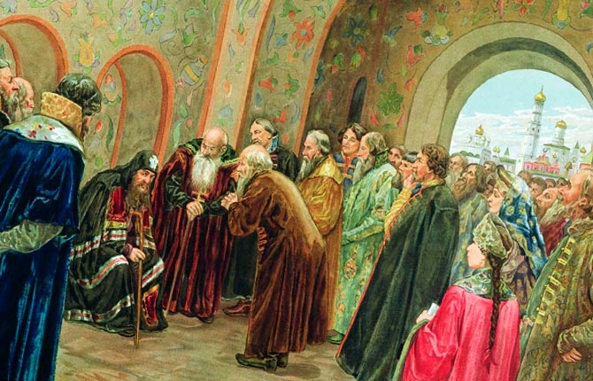 Старообрядцы с прошением у патриарха Никона